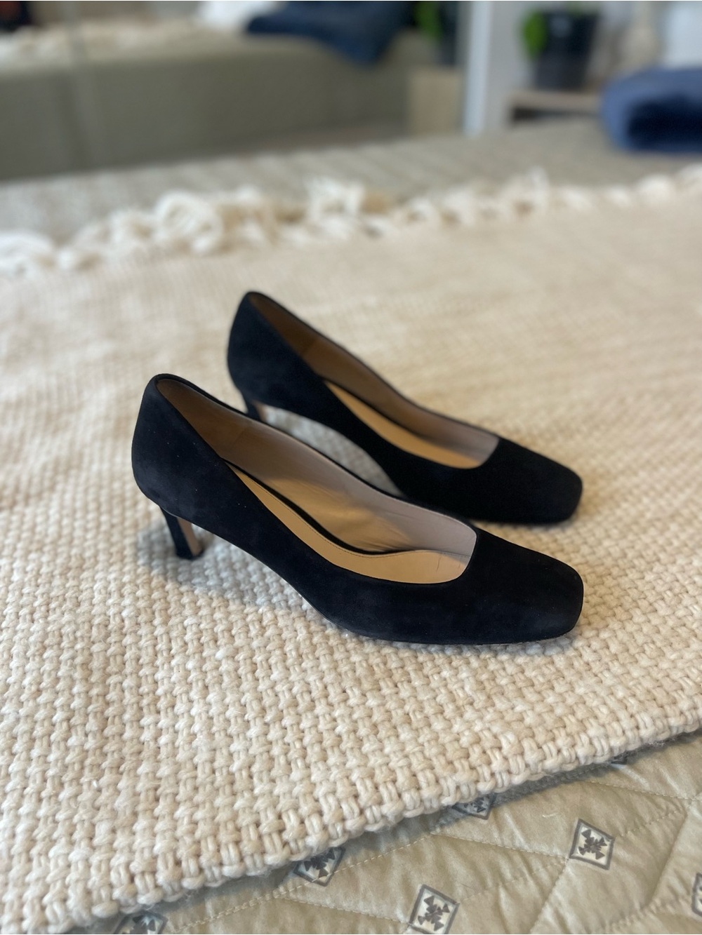 Stuart Weitzman Black Suede Mid-Heel Pumps — Made in Spain